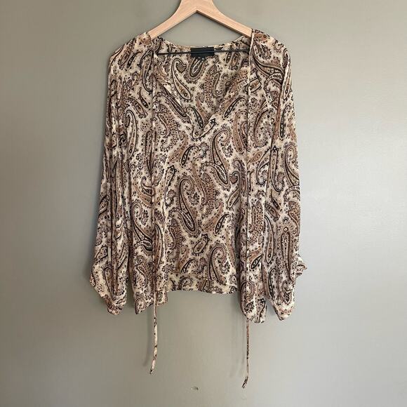 Nili Lotan Acadia Paisley‎ Silk Blouse Size XS Cream Black Neutrals Blouson Chic - Picture 5 of 16